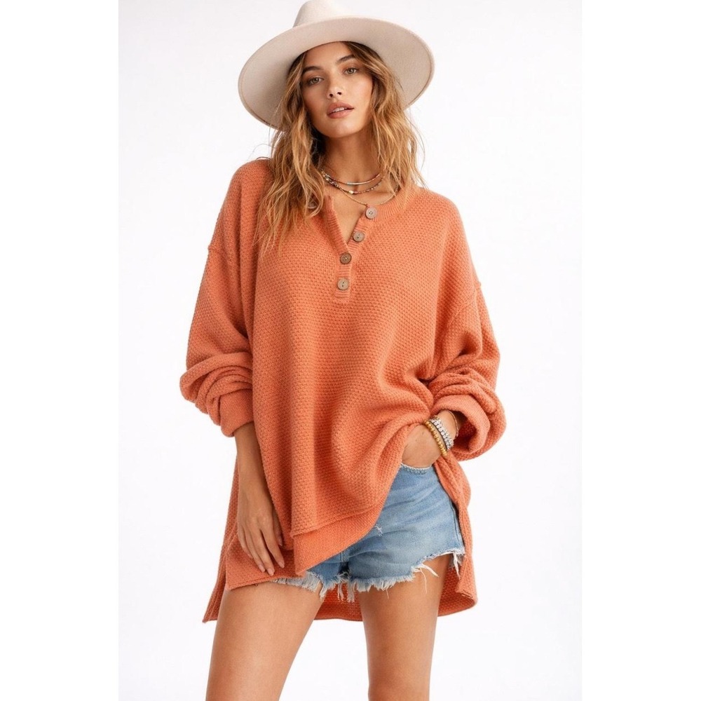 Free People Beach Hailee Henley Sweater Melon‎ Orange Waffle Knit Oversized L